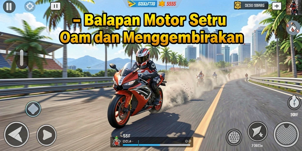 Tangkapan layar gameplay menunjukkan aksi balapan motor yang mendebarkan.