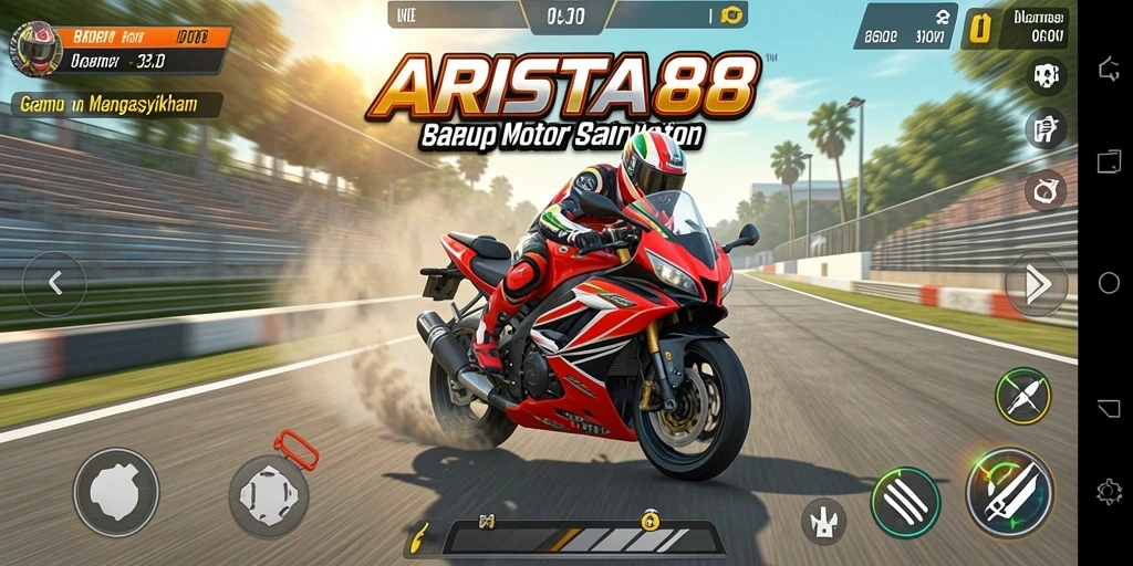 Screenshot gameplay ARISTA88 dengan aksi balapan motor yang mendebarkan.