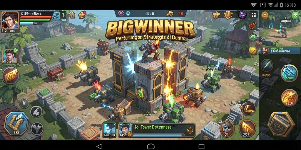 Tampilan gameplay BIGWINNER dengan menara pertahanan yang strategis.