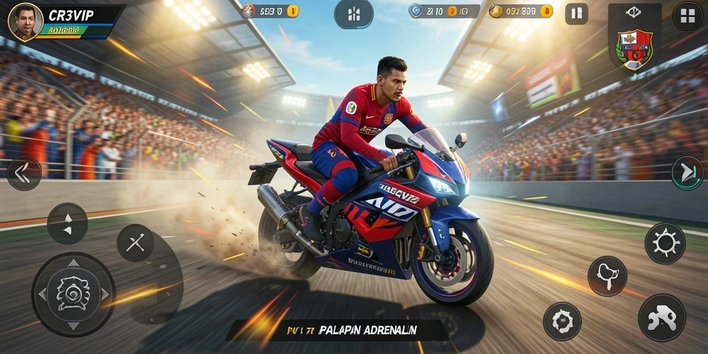Screenshot gameplay CR7VIP dengan aksi balap motor yang menegangkan.