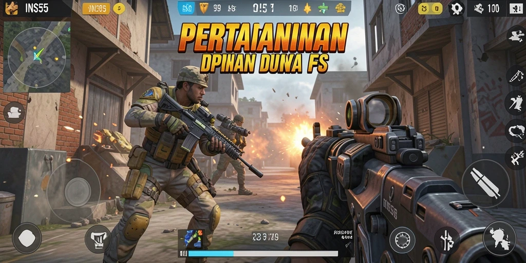 Tangkapan layar INS55 menampilkan aksi tembak-menembak yang mendebarkan dalam peta yang detail.