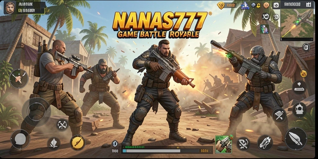 Screenshot NANAS777 menunjukkan pertempuran intens dalam gameplay Battle Royale.