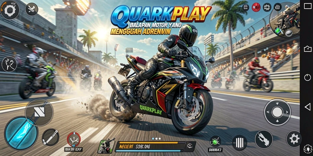 Tampilan gameplay seru di QUARKPLAY dengan balapan motor yang mendebarkan.