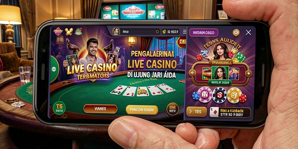Screenshot utama T6 menampilkan dealer langsung dan permainan yang mendebarkan.